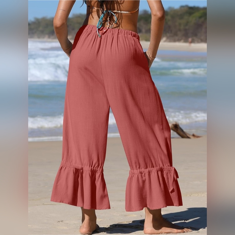 Linen Wide Leg Palazzo Pants Ruffle Hem | Size Large | NWT - Picture 3 of 4